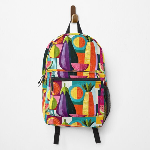 Item preview, Colorful Market Harvest Featuring Watermelon Eggplant and Pineapple in Bold Geometric Kitchen Wall A designed and sold by OlfactoART Studio.