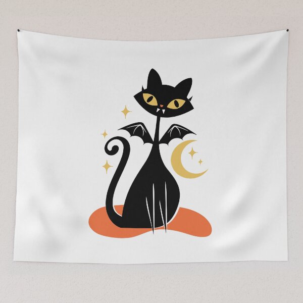 Item preview, Vintage retro MCM Mid Century modern cute black kitty cat vampire bat with bat wings and fangs designed and sold by Jdawnink.
