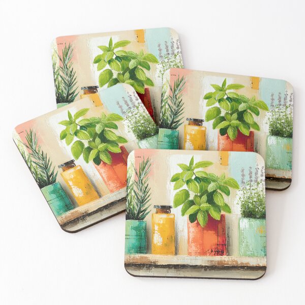 Item preview, Fresh Culinary Herb Trio in Colorful Pots with Rustic Shelf and Contemporary Kitchen Botanical Wall designed and sold by OlfactoART Studio.