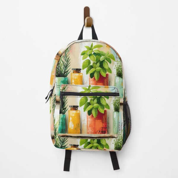 Item preview, Fresh Culinary Herb Trio in Colorful Pots with Rustic Shelf and Contemporary Kitchen Botanical Wall designed and sold by OlfactoART Studio.