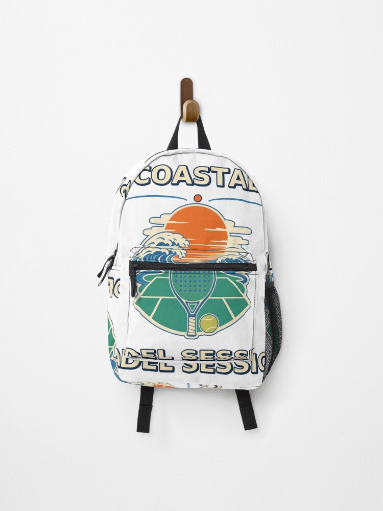 Thumbnail 1 of 3, Backpack, Coastal Padel Session Retro Sunset Racket Graphic designed and sold by freshloop.