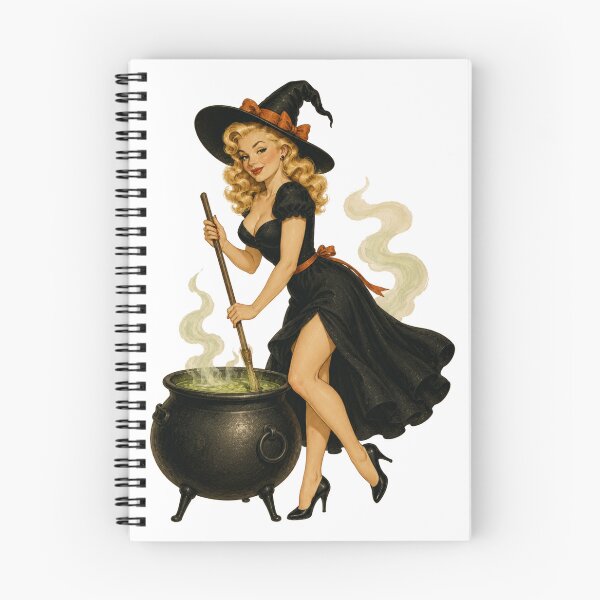 Item preview, Blonde Pin-Up Witch at Cauldron | Vintage Halloween Witch | Retro Witch Illustration designed and sold by Rewind Society.