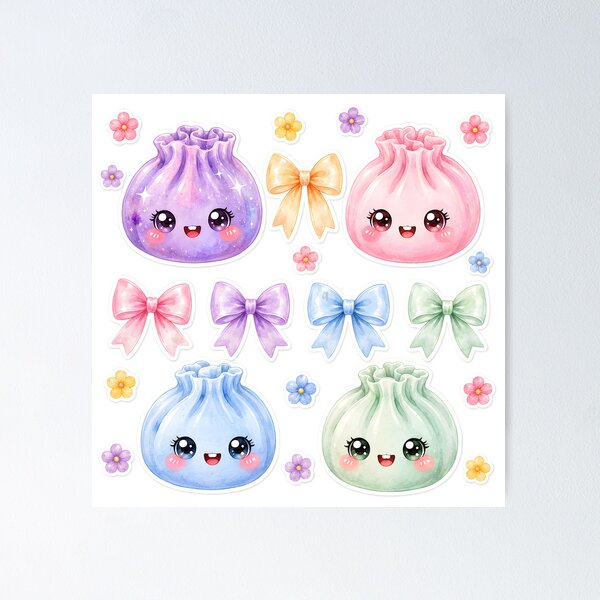 Item preview, Pastel Kawaii Squishy Dumplings with Bows Flowers coquette designed and sold by EmeraldeaArt.