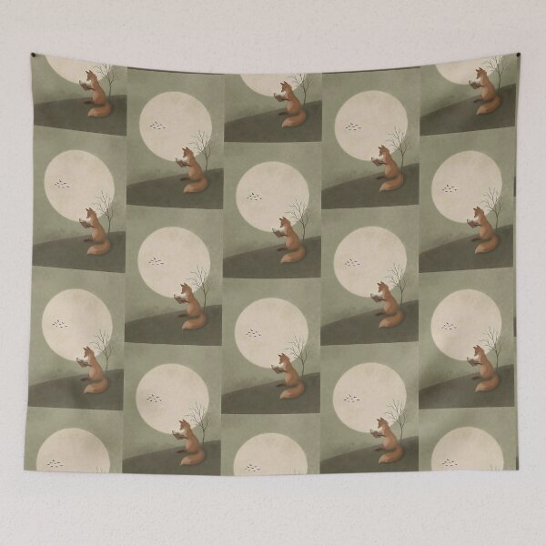Item preview, Dreamy Kitsune Reading Under the Moon | Minimalist Japanese Fox Art designed and sold by Syrupulse.