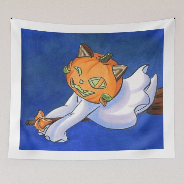 Item preview, Cute Pumpkin Ghost Cat Flying on Witch Broomstick Illustration designed and sold by PumpkinSpell.
