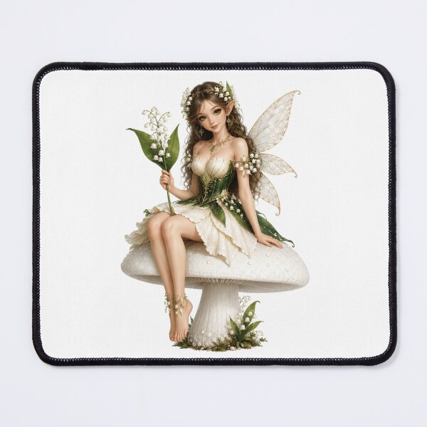 Item preview, Lily of the Valley Fairy Sitting on White Mushroom Enchanted Spring Flower Fairy Fantasy Elf Art Magical Nature Illustration designed and sold by RoPrincess.