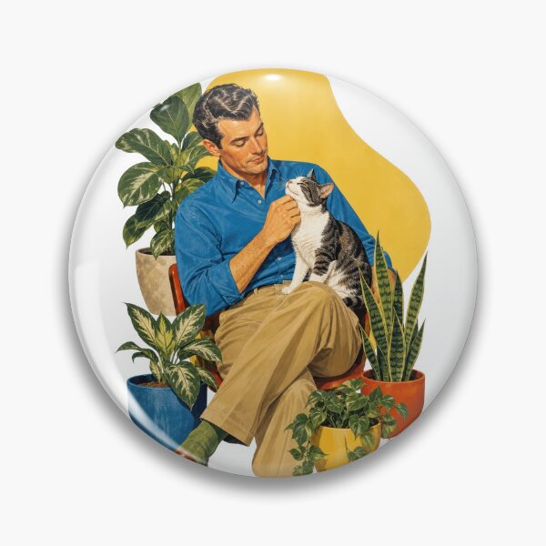 Item preview, Retro Illustration: Man and Tabby Cat Among Potted Plants on Black Background designed and sold by epx-av.