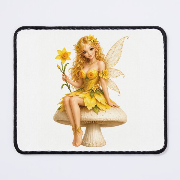 Item preview, Daffodil Fairy Sitting on White Mushroom Golden Spring Flower Fairy Fantasy Elf Art Enchanted Nature Illustration designed and sold by RoPrincess.