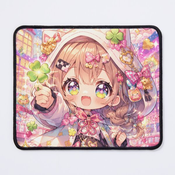 Item preview, Kawaii Lucky Girl Anime Art - Four Leaf Clover and Cat Charm Aesthetic designed and sold by Japan-kanji-ya.