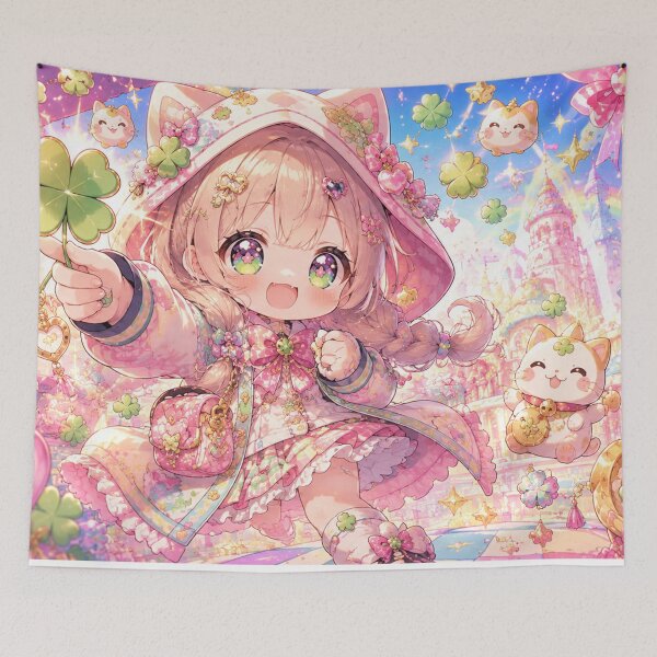 Item preview, Kawaii Lucky Girl Anime Art - Four Leaf Clover and Cat Charm Aesthetic designed and sold by Japan-kanji-ya.