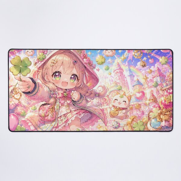 Item preview, Kawaii Lucky Girl Anime Art - Four Leaf Clover and Cat Charm Aesthetic designed and sold by Japan-kanji-ya.