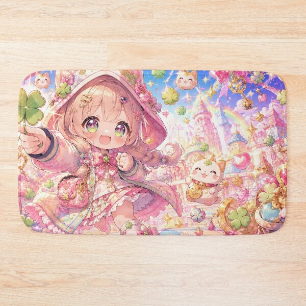 Item preview, Kawaii Lucky Girl Anime Art - Four Leaf Clover and Cat Charm Aesthetic designed and sold by Japan-kanji-ya.