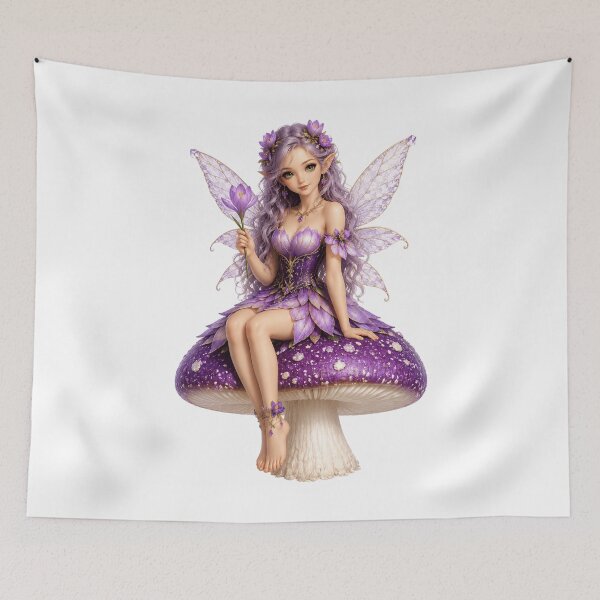 Item preview, Crocus Fairy Sitting on Purple Mushroom Enchanted Spring Flower Fairy Lavender Fantasy Elf Magical Botanical Art designed and sold by RoPrincess.