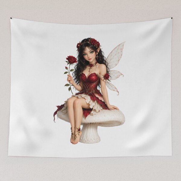 Item preview, Rose Fairy Sitting on White Mushroom Crimson Flower Fairy Romantic Gothic Fantasy Elf Enchanted Botanical Art designed and sold by RoPrincess.