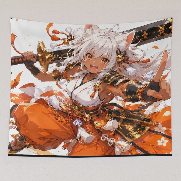 Item preview, Anime Cat Samurai Warrior in Orange and Gold designed and sold by Japan-kanji-ya.