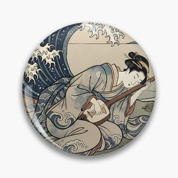 Item preview, Japanese Geisha with Shamisen on Wave Ukiyo-e Art designed and sold by TokyoUkiyoHouse.