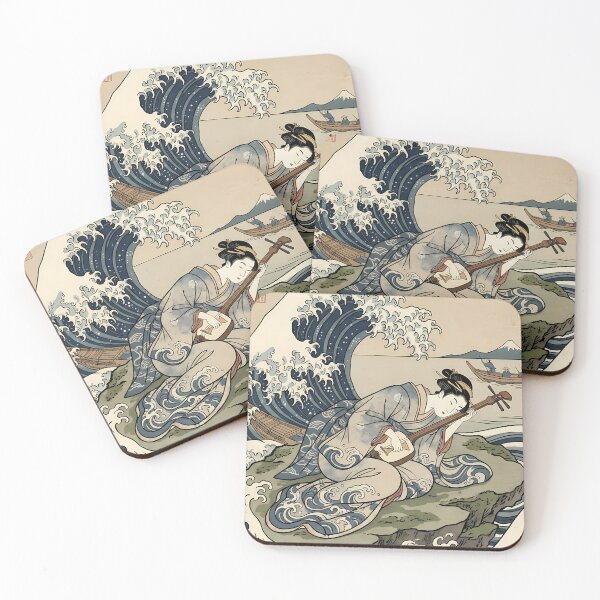 Item preview, Japanese Geisha with Shamisen on Wave Ukiyo-e Art designed and sold by TokyoUkiyoHouse.