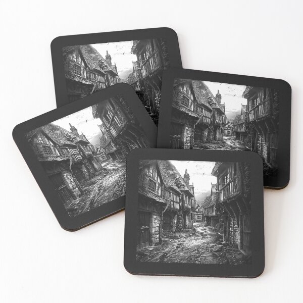 Item preview, Haunting Medieval Village Street | Black and White Gothic Old Town Illustration designed and sold by inkoutninja.