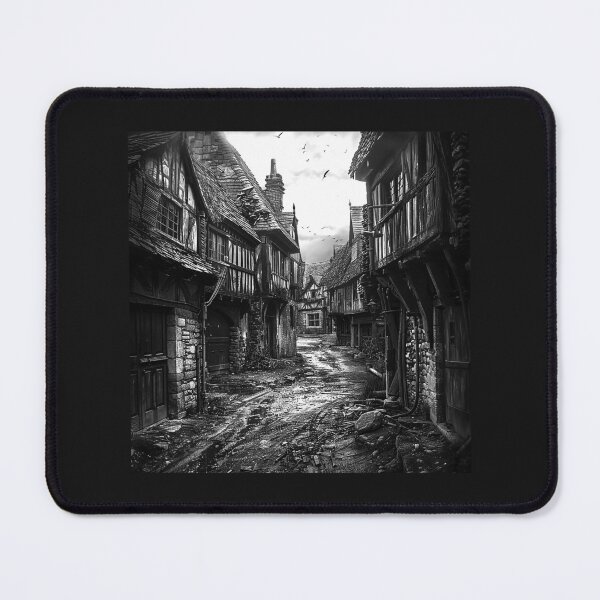 Item preview, Haunting Medieval Village Street | Black and White Gothic Old Town Illustration designed and sold by inkoutninja.