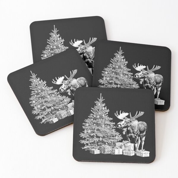Item preview, Christmas Moose and Decorated Tree | Vintage Woodland Holiday Illustration designed and sold by inkoutninja.