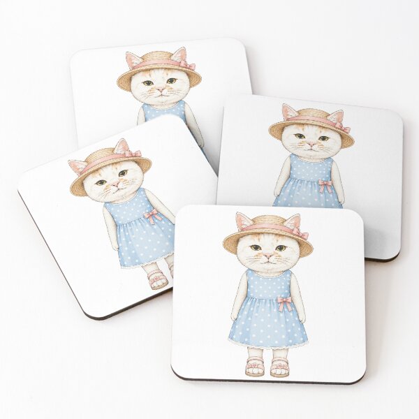 Item preview, Cute Cat in Blue Polka Dot Dress and Straw Hat designed and sold by Komatoya.