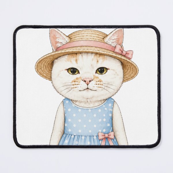 Item preview, Cute Cat in Blue Polka Dot Dress and Straw Hat designed and sold by Komatoya.