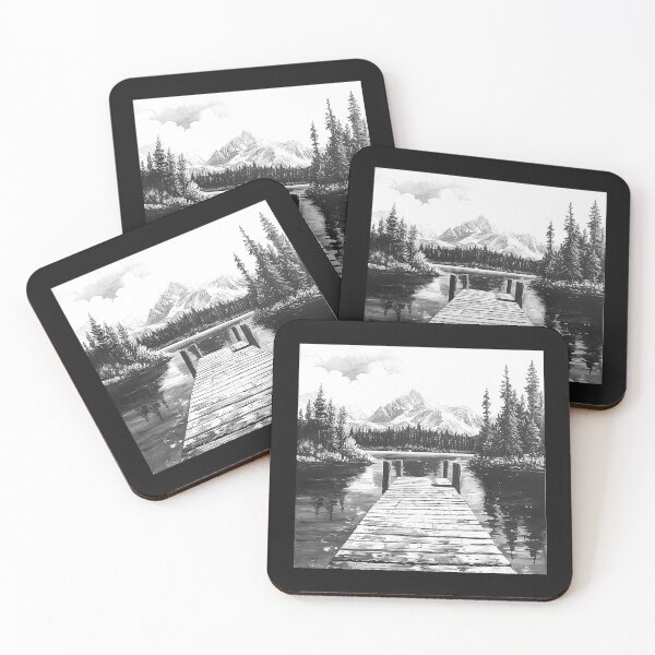 Item preview, Mountain Lake Dock | Black and White Wilderness Landscape Illustration designed and sold by inkoutninja.