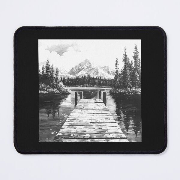 Item preview, Mountain Lake Dock | Black and White Wilderness Landscape Illustration designed and sold by inkoutninja.