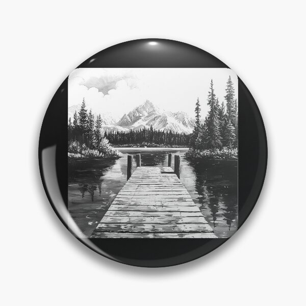 Item preview, Mountain Lake Dock | Black and White Wilderness Landscape Illustration designed and sold by inkoutninja.