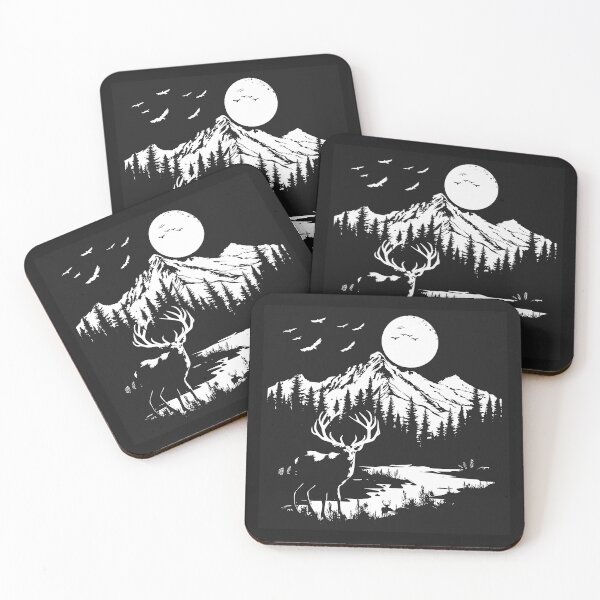 Item preview, Moonlit Stag in the Mountains | Black and White Wilderness Landscape designed and sold by inkoutninja.