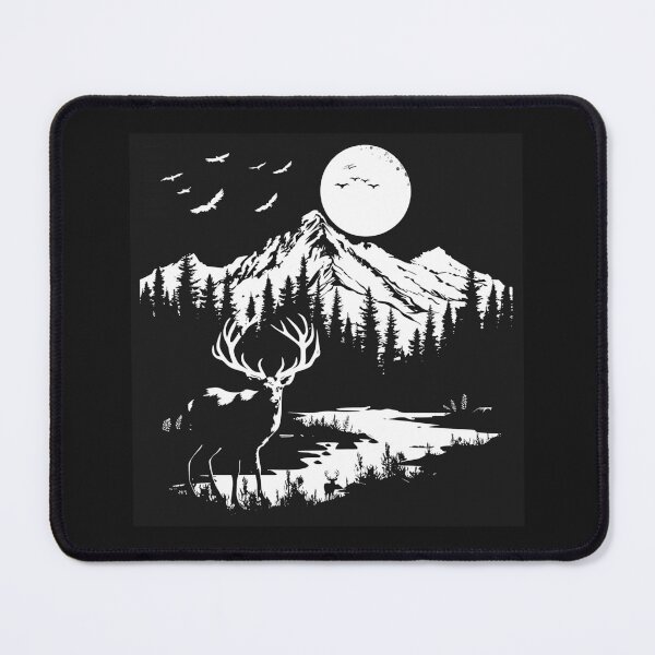 Item preview, Moonlit Stag in the Mountains | Black and White Wilderness Landscape designed and sold by inkoutninja.