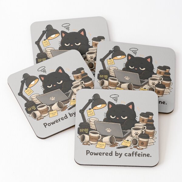 Item preview, Powered By Caffeine Cute Tired Black Cat Late Night Coffee  designed and sold by ChubbyGoong.