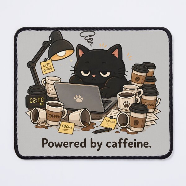 Item preview, Powered By Caffeine Cute Tired Black Cat Late Night Coffee designed and sold by ChubbyGoong.