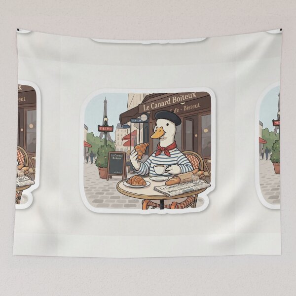Item preview, French duck drinking coffee and a croissant in Paris designed and sold by Purpleclomb.