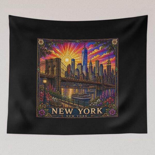 Item preview, New York Stained Glass Travel Poster | Brooklyn Bridge NYC Skyline Vintage Art Print designed and sold by Swanny's Custom T-shirt and Gift Designs.