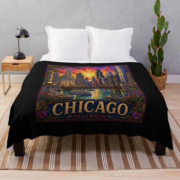 Item preview, Chicago Stained Glass Travel Poster | Vintage Chicago Skyline Wall Art | Willis Tower, Cloud Gate & Windy City Decor designed and sold by Swanny's Custom T-shirt and Gift Designs.