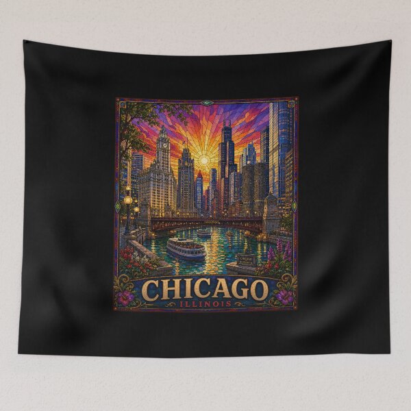 Item preview, Chicago Stained Glass Travel Poster | Vintage Chicago Skyline Wall Art | Willis Tower, Cloud Gate & Windy City Decor designed and sold by Swanny's Custom T-shirt and Gift Designs.