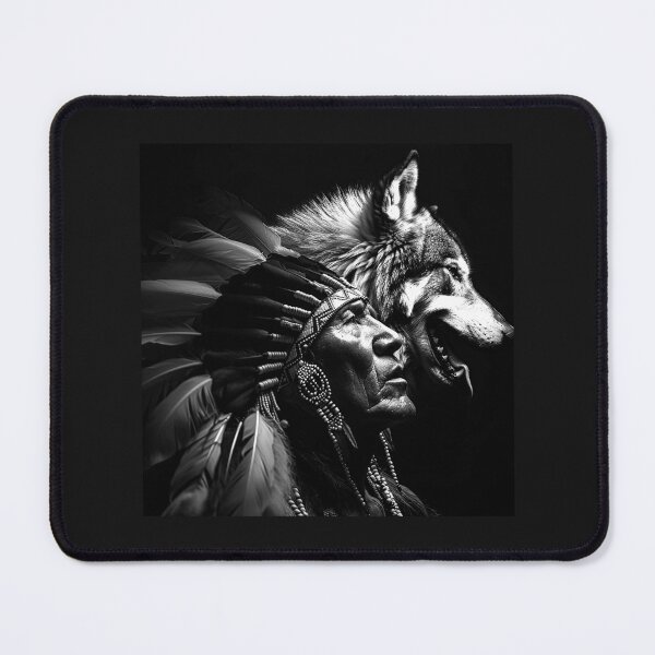 Item preview, Feathered Warrior and Wolf | Black and White Tribal Fantasy Portrait designed and sold by inkoutninja.
