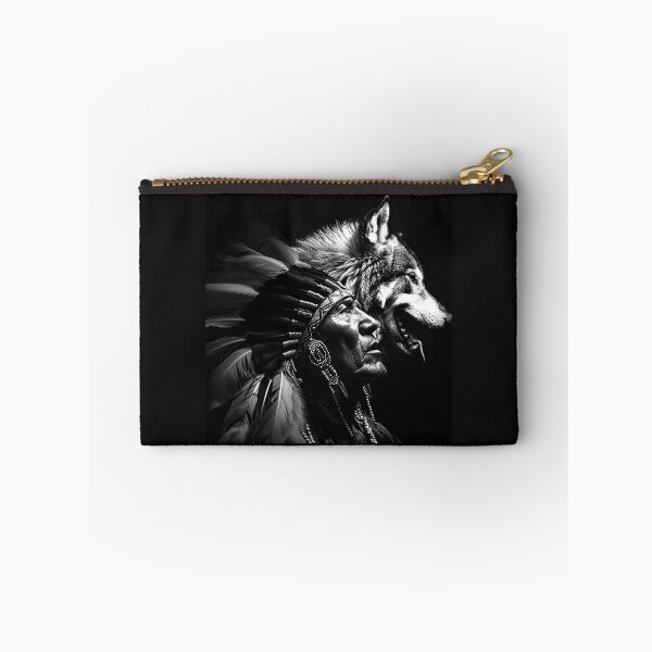 Item preview, Feathered Warrior and Wolf | Black and White Tribal Fantasy Portrait designed and sold by inkoutninja.