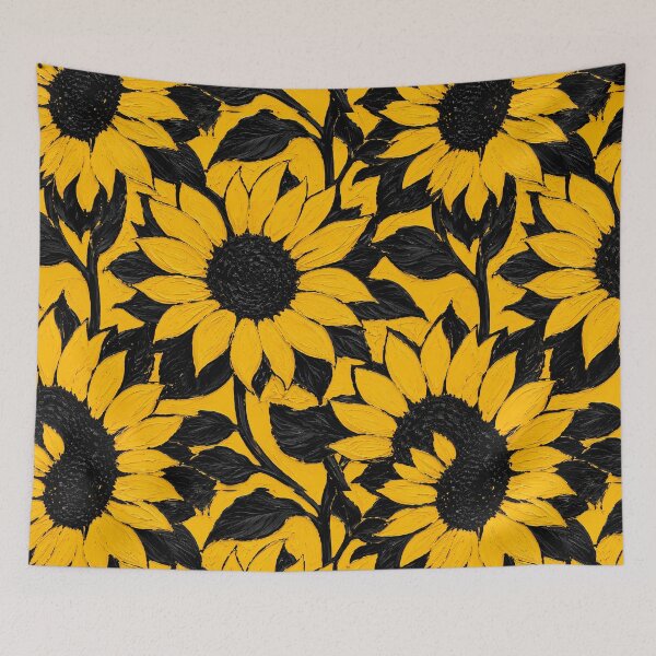 Item preview, Bold Yellow Sunflower Black Leaves Impasto Oil Paint Pattern designed and sold by ChubbyGoong.