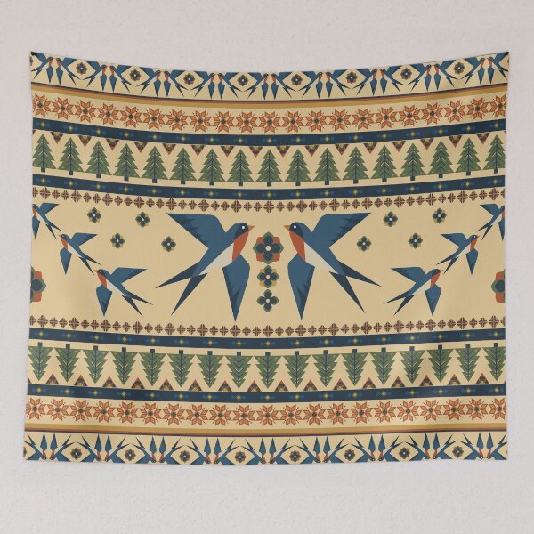 Item preview, Seamless horizontal border pattern with traditional Scandinavian folk art motifs. Geometric design featuring flying swallow birds, pine trees, snowflakes, and ethnic ornaments. designed and sold by Aumpuk.