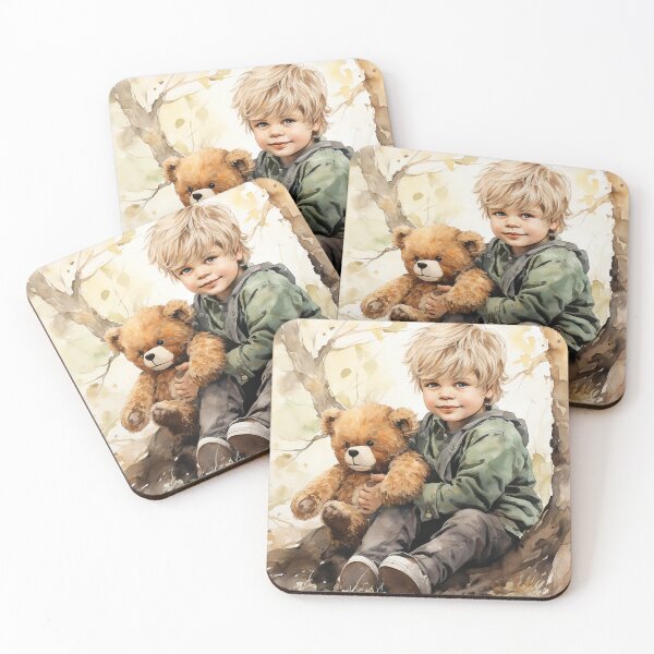 Item preview, Branches And Bears - A Blond Boy Hugging A Teddy Bear By A Tree - Watercolor Art - Children Art designed and sold by CastleBySea.