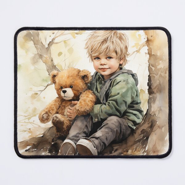 Item preview, Branches And Bears - A Blond Boy Hugging A Teddy Bear By A Tree - Watercolor Art - Children Art designed and sold by CastleBySea.