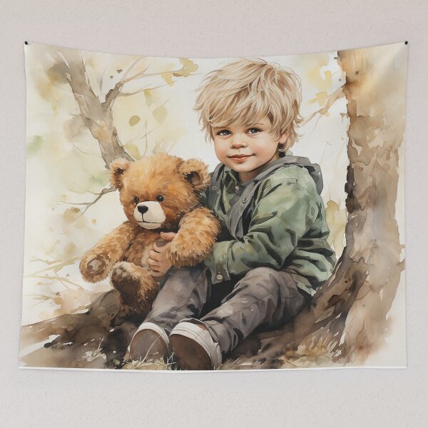 Item preview, Branches And Bears - A Blond Boy Hugging A Teddy Bear By A Tree - Watercolor Art - Children Art designed and sold by CastleBySea.