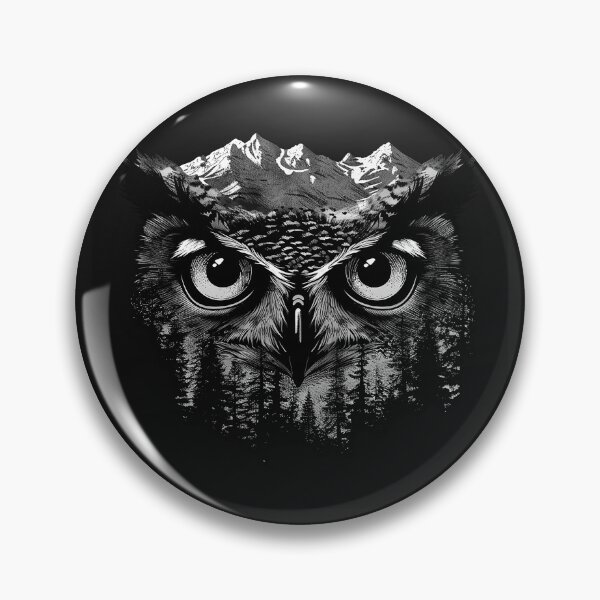 Item preview, Owl Eyes Mountain Forest | Black and White Wilderness Wildlife Illustration designed and sold by inkoutninja.