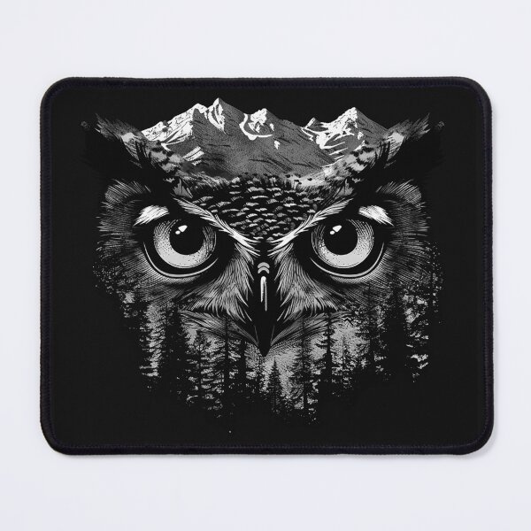 Item preview, Owl Eyes Mountain Forest | Black and White Wilderness Wildlife Illustration designed and sold by inkoutninja.