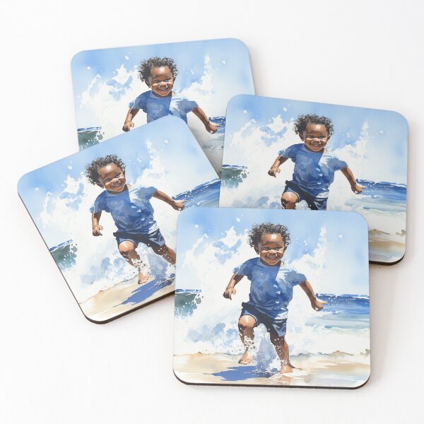 Item preview, Splash Of Joy - A Black Toddler Boy Splashing At The Water's Edge On The Beach - Watercolor Art - Black Art - Children Art designed and sold by CastleBySea.