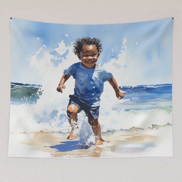 Item preview, Splash Of Joy - A Black Toddler Boy Splashing At The Water's Edge On The Beach - Watercolor Art - Black Art - Children Art designed and sold by CastleBySea.