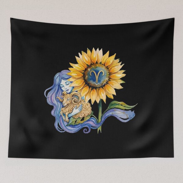 Item preview, Aries Zodiac Goddess Watercolor Sunflower Art designed and sold by SilentFlower.