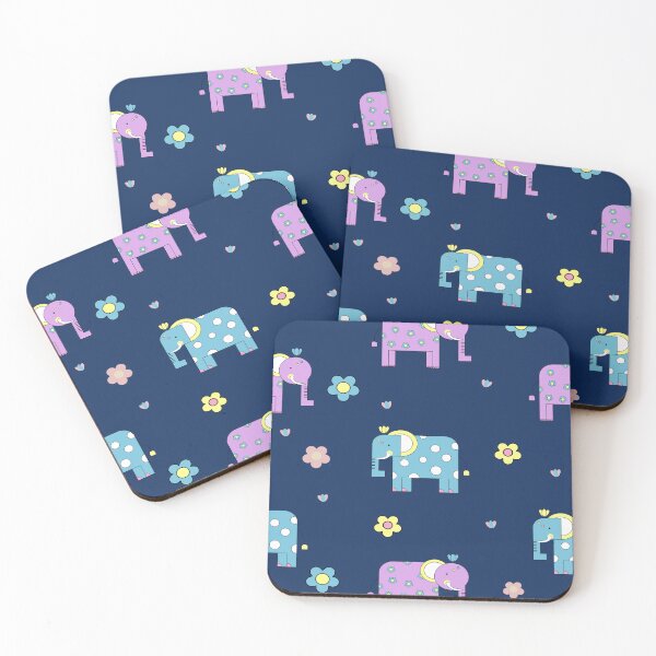 Item preview, Cute seamless pattern with colorful cartoon elephants and small flowers on a dark blue background. designed and sold by Aumpuk.